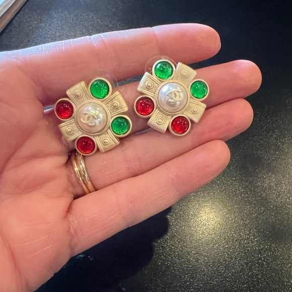 CHANEL Jewelry - CHANEL Gold Earrings with Green and Red Accents